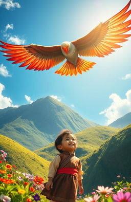 A vibrant scene depicting a majestic Garuda, a mythical bird-like creature from Asian mythology, soaring through a bright blue sky, with large, beautifully detailed wings spread wide
