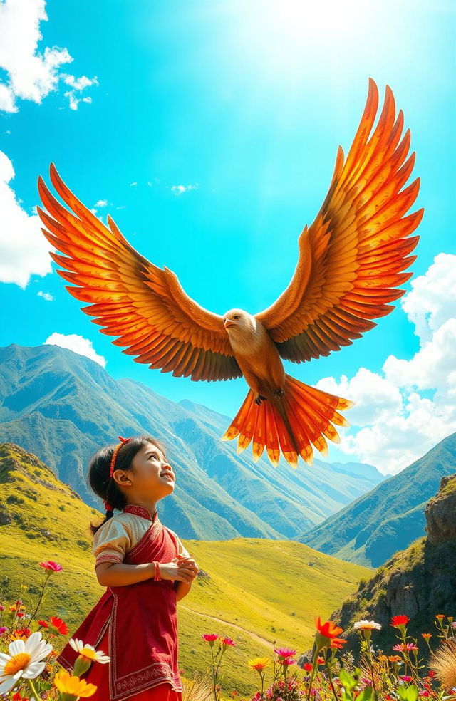 A vibrant scene depicting a majestic Garuda, a mythical bird-like creature from Asian mythology, soaring through a bright blue sky, with large, beautifully detailed wings spread wide