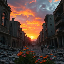 A hauntingly beautiful scene of a Lebanese city post-conflict, showcasing ruined buildings with intricate Middle Eastern architectural details, shattered glass reflecting light, and ghostly echoes of history