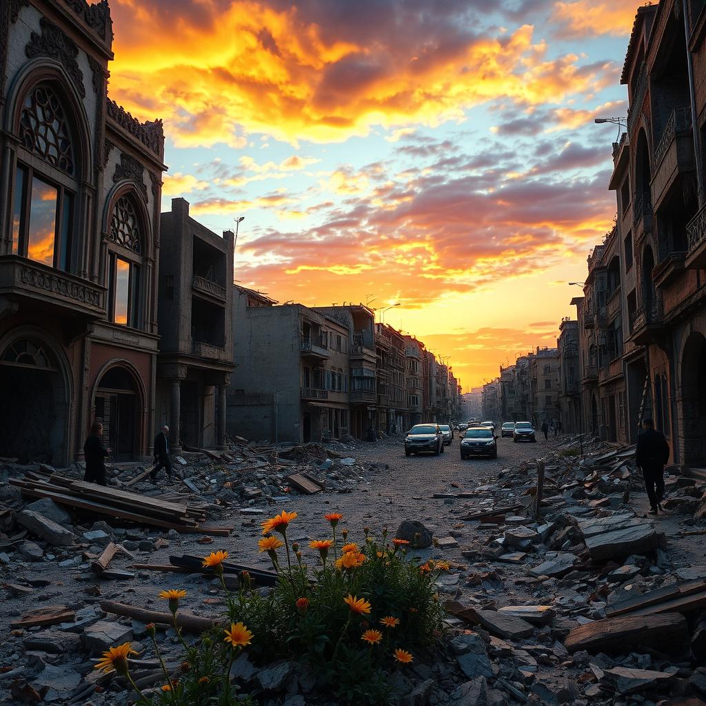 A hauntingly beautiful scene of a Lebanese city post-conflict, showcasing ruined buildings with intricate Middle Eastern architectural details, shattered glass reflecting light, and ghostly echoes of history