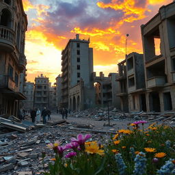 A hauntingly beautiful scene of a Lebanese city post-conflict, showcasing ruined buildings with intricate Middle Eastern architectural details, shattered glass reflecting light, and ghostly echoes of history