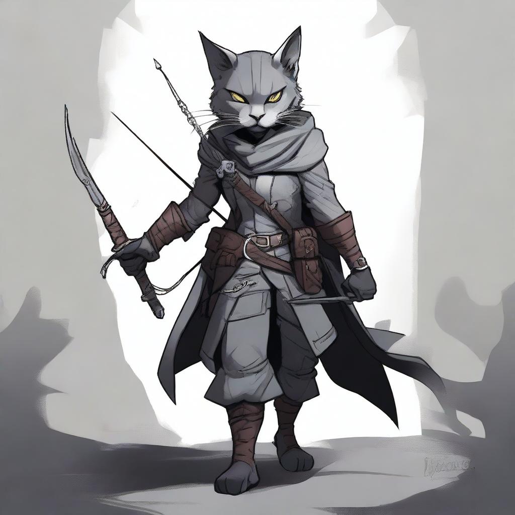 An intricate digital art piece, showcasing a black and grey catfolk rogue in highest quality