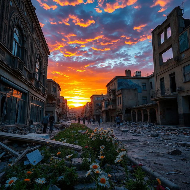 A hauntingly beautiful scene of a Lebanese city post-conflict, showcasing ruined buildings with intricate Middle Eastern architectural details, shattered glass reflecting light, and ghostly echoes of history