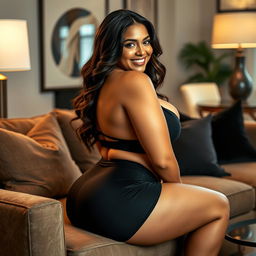 A seductive and voluptuous woman with large breasts and a curvy backside, sitting on a comfortable sofa in a stylish living room