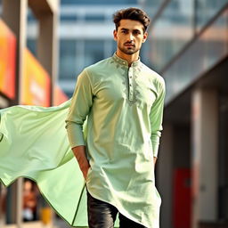 A fashionable male model wearing a light green kurta paired with stylish black jeans
