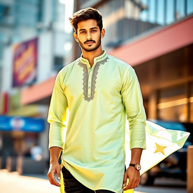 A fashionable male model wearing a light green kurta paired with stylish black jeans