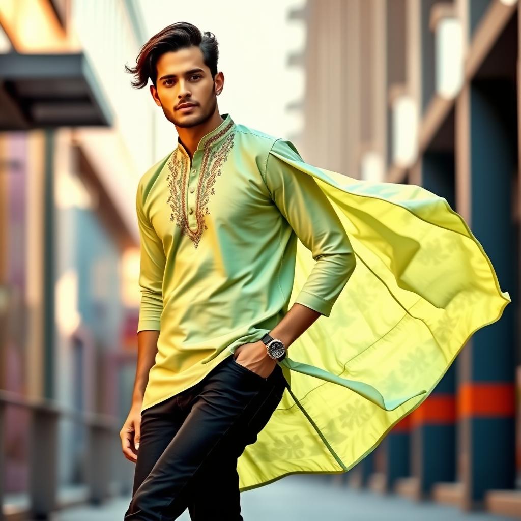 A fashionable male model wearing a light green kurta paired with stylish black jeans