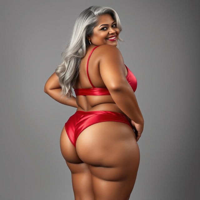 A 55-year-old Indian plus-size woman, confidently embodying the essence of a beautiful cougar