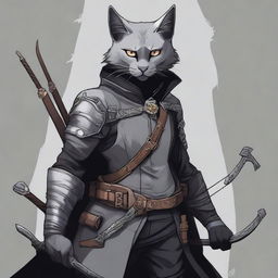 An intricate digital art piece, showcasing a black and grey catfolk rogue in highest quality