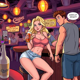 A captivating scene featuring a beautiful, sexy, curvy blonde girl with an innocent vibe, dressed in tight shorts and a snug tank top