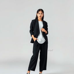 A beautiful Korean woman with a cool expression, wearing long black fabric trousers, a white tucked-in t-shirt, a stylish black blazer, and black and white shoes