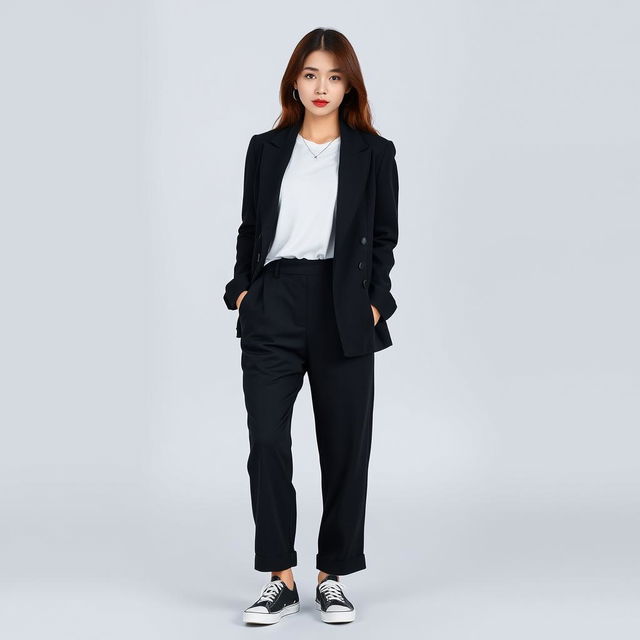 A beautiful Korean woman with a cool expression, wearing long black fabric trousers, a white tucked-in t-shirt, a stylish black blazer, and black and white shoes