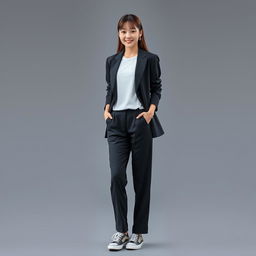 A beautiful Korean woman with a cool expression, wearing long black fabric trousers, a white tucked-in t-shirt, a stylish black blazer, and black and white shoes