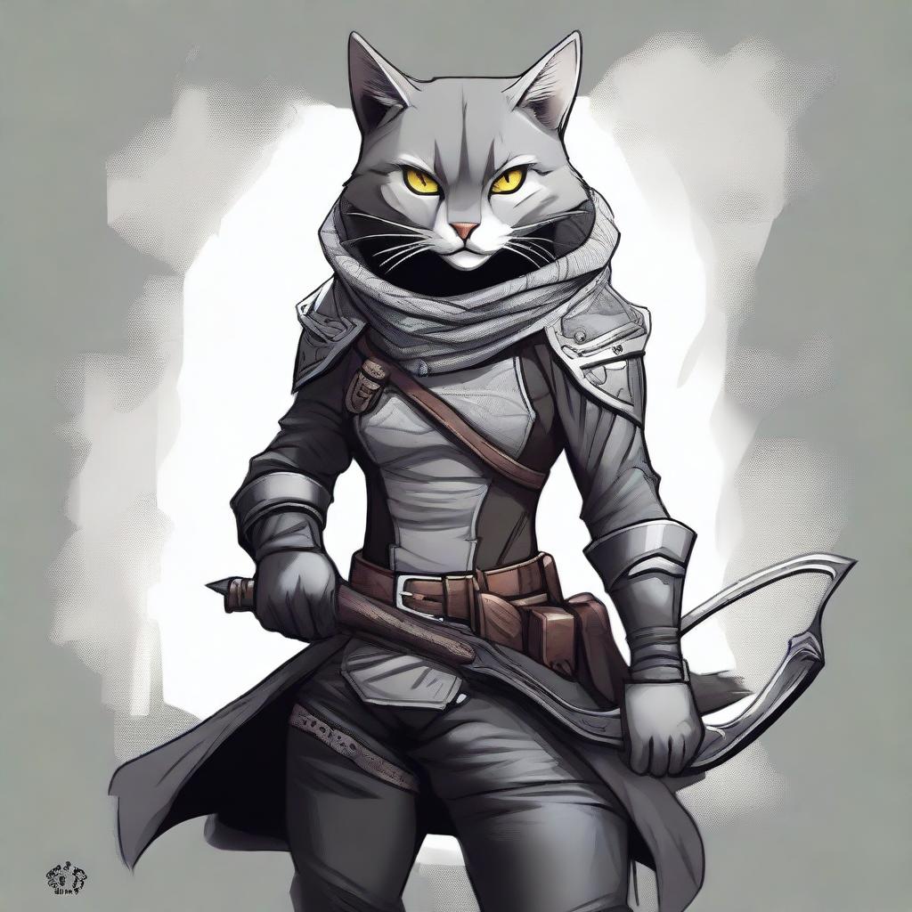 An intricate digital art piece, showcasing a black and grey catfolk rogue in highest quality