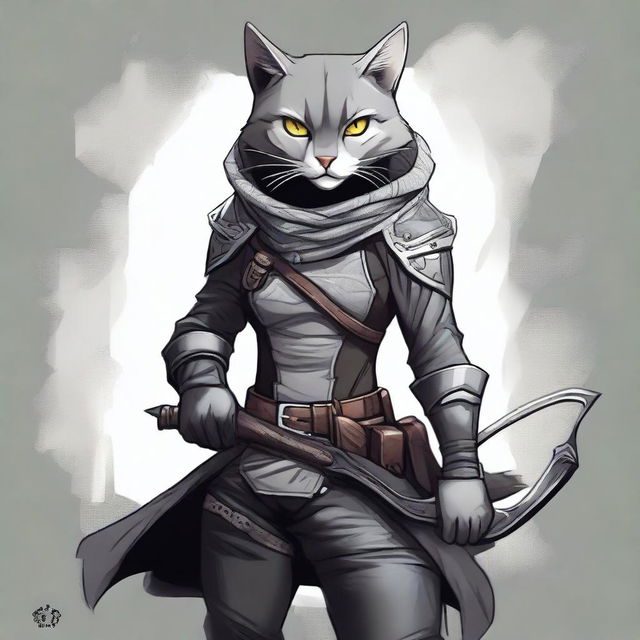 An intricate digital art piece, showcasing a black and grey catfolk rogue in highest quality