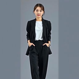 A beautiful Korean woman with a cool expression, wearing long black fabric trousers, a white tucked-in t-shirt, a stylish black blazer, and black and white shoes