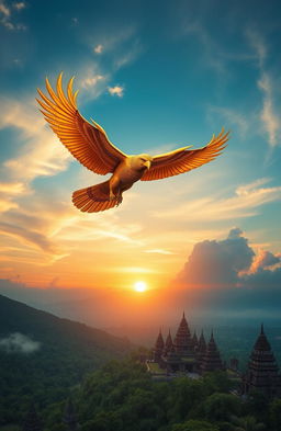 A majestic Mistik Garuda soaring through a vibrant sky, its wings outstretched and shimmering with golden feathers, symbolizing strength and protection