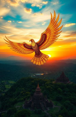A majestic Mistik Garuda soaring through a vibrant sky, its wings outstretched and shimmering with golden feathers, symbolizing strength and protection