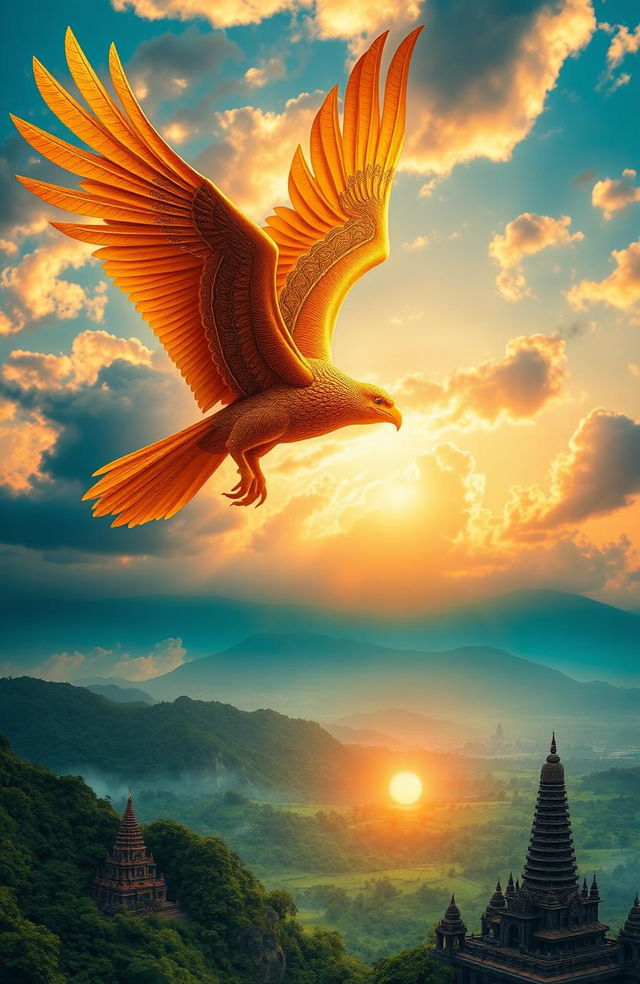 A majestic Mistik Garuda soaring through a vibrant sky, its wings outstretched and shimmering with golden feathers, symbolizing strength and protection