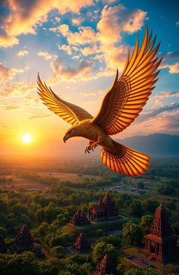 A majestic Mistik Garuda soaring through a vibrant sky, its wings outstretched and shimmering with golden feathers, symbolizing strength and protection