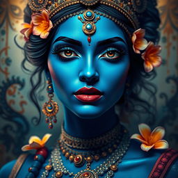A beautiful woman inspired by the goddess Kali, featuring striking blue skin, adorned with intricate jewelry and vibrant flower decorations