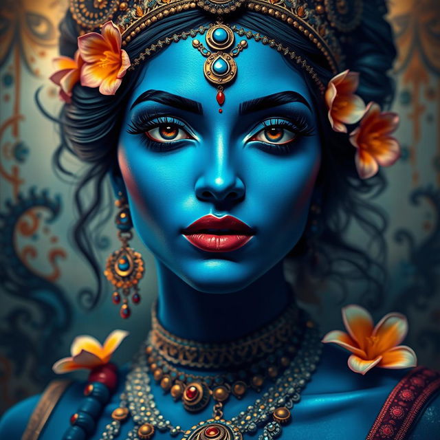 A beautiful woman inspired by the goddess Kali, featuring striking blue skin, adorned with intricate jewelry and vibrant flower decorations