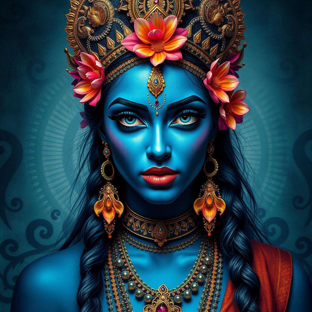 A beautiful woman inspired by the goddess Kali, featuring striking blue skin, adorned with intricate jewelry and vibrant flower decorations
