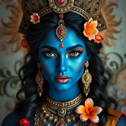 A beautiful woman inspired by the goddess Kali, featuring striking blue skin, adorned with intricate jewelry and vibrant flower decorations