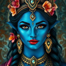 A beautiful woman inspired by the goddess Kali, featuring striking blue skin, adorned with intricate jewelry and vibrant flower decorations