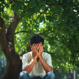 A young man named Rohan is sitting under a large, lush green tree, with sunlight filtering through the leaves above