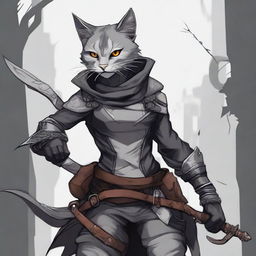 An intricate digital art piece, showcasing a black and grey catfolk rogue in highest quality