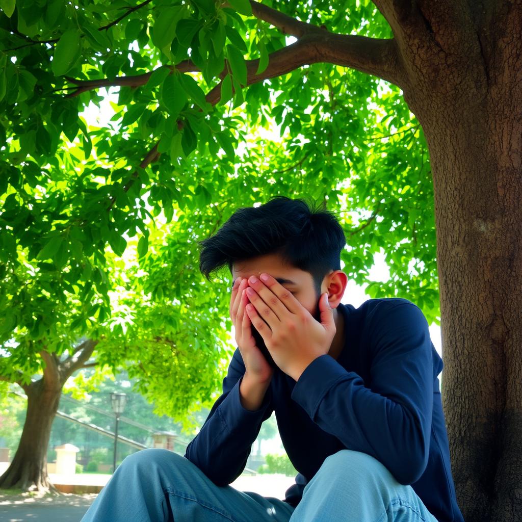 A young man named Rohan is sitting under a large, lush green tree, with sunlight filtering through the leaves above