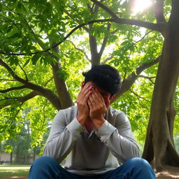 A young man named Rohan is sitting under a large, lush green tree, with sunlight filtering through the leaves above