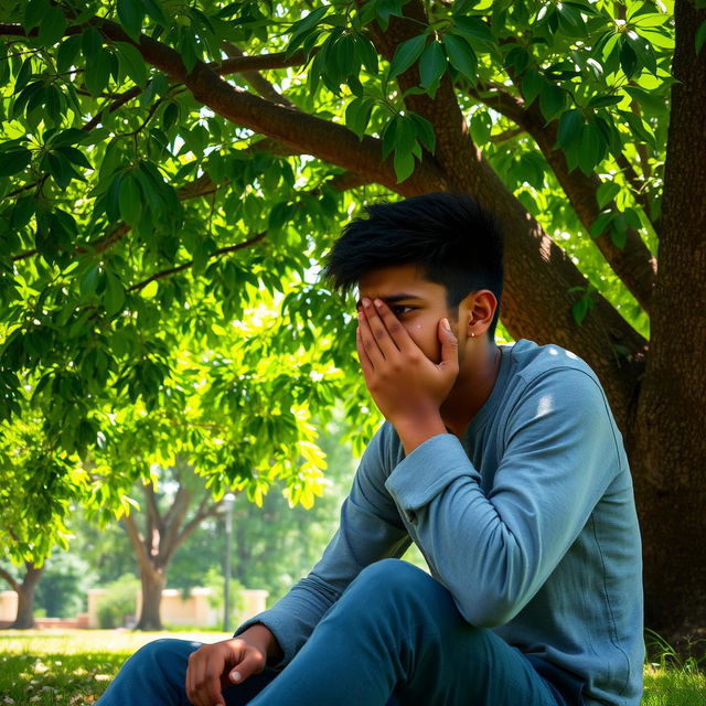 A young man named Rohan is sitting under a large, lush green tree, with sunlight filtering through the leaves above