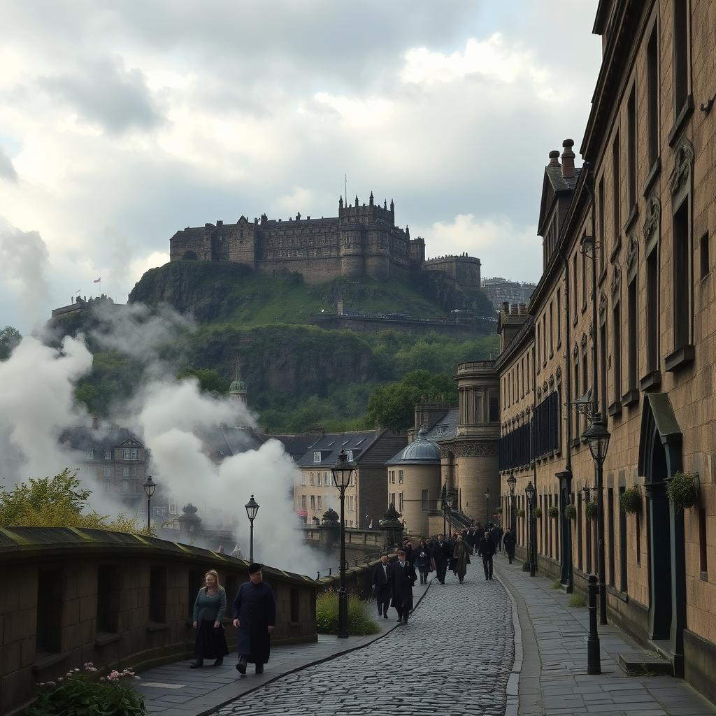 A breathtaking view of Edinburgh City, showcasing its historical architecture amidst an atmosphere that reflects the echoes of a war