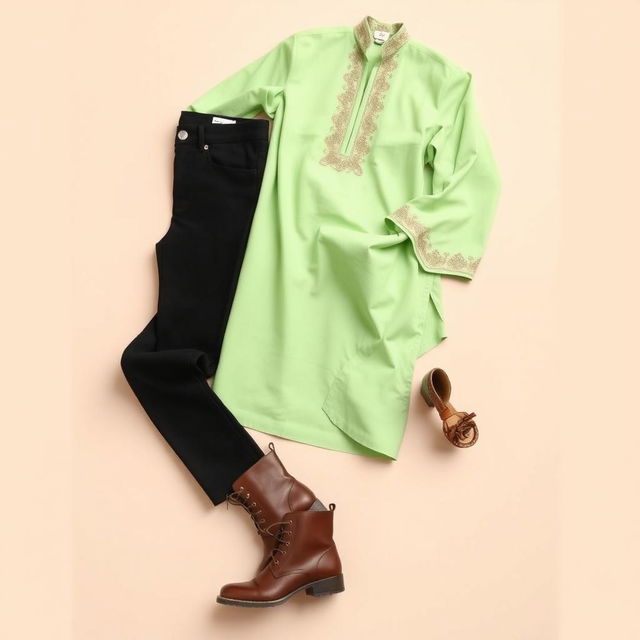 A stylish outfit featuring a light green kurta paired with black jeans and brown boots