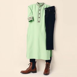 A stylish outfit featuring a light green kurta paired with black jeans and brown boots