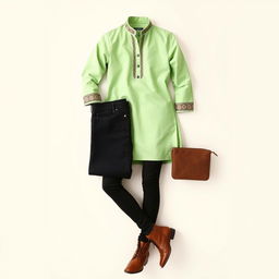 A stylish outfit featuring a light green kurta paired with black jeans and brown boots