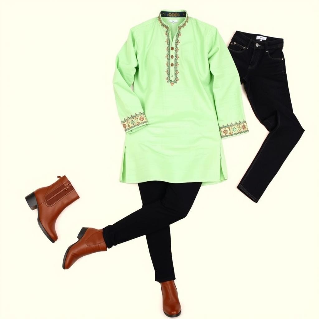 A stylish outfit featuring a light green kurta paired with black jeans and brown boots