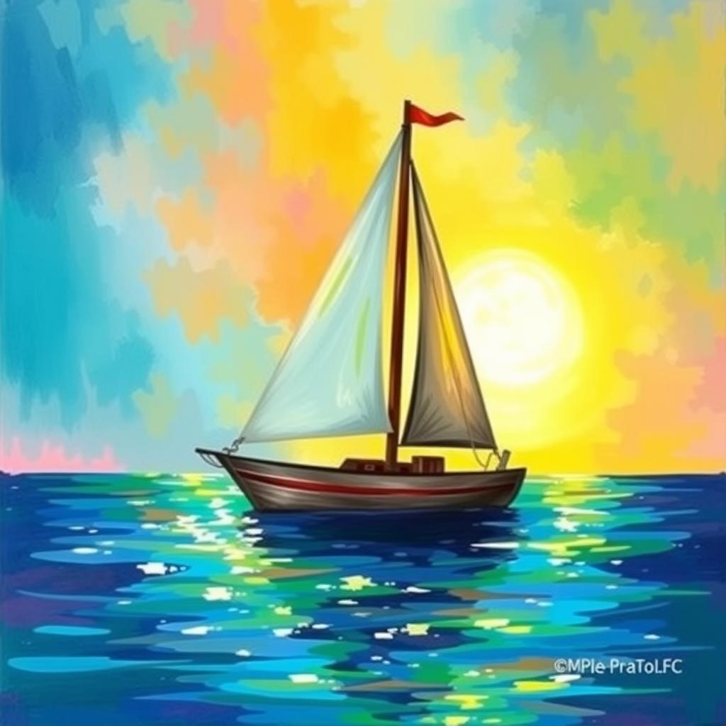 A charming depiction of a sailboat gently floating on tranquil waters, surrounded by a vivid array of colors