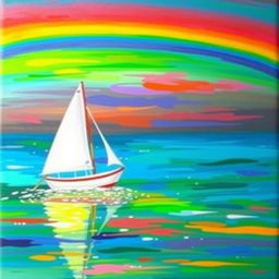 A charming depiction of a sailboat gently floating on tranquil waters, surrounded by a vivid array of colors