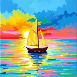 A charming depiction of a sailboat gently floating on tranquil waters, surrounded by a vivid array of colors