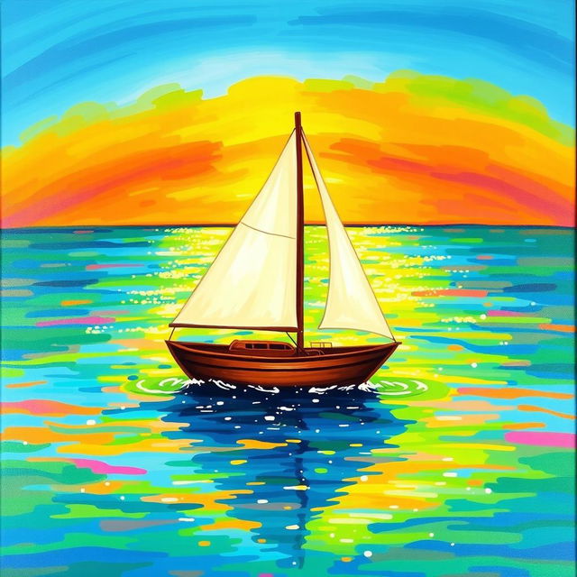 A charming depiction of a sailboat gently floating on tranquil waters, surrounded by a vivid array of colors