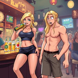 An engaging scene of a beautiful, sexy, curvy blonde girl with an innocent aura, dressed in tight shorts and a fitted tank top