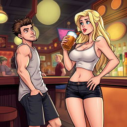 An engaging scene of a beautiful, sexy, curvy blonde girl with an innocent aura, dressed in tight shorts and a fitted tank top