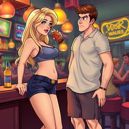 An engaging scene of a beautiful, sexy, curvy blonde girl with an innocent aura, dressed in tight shorts and a fitted tank top