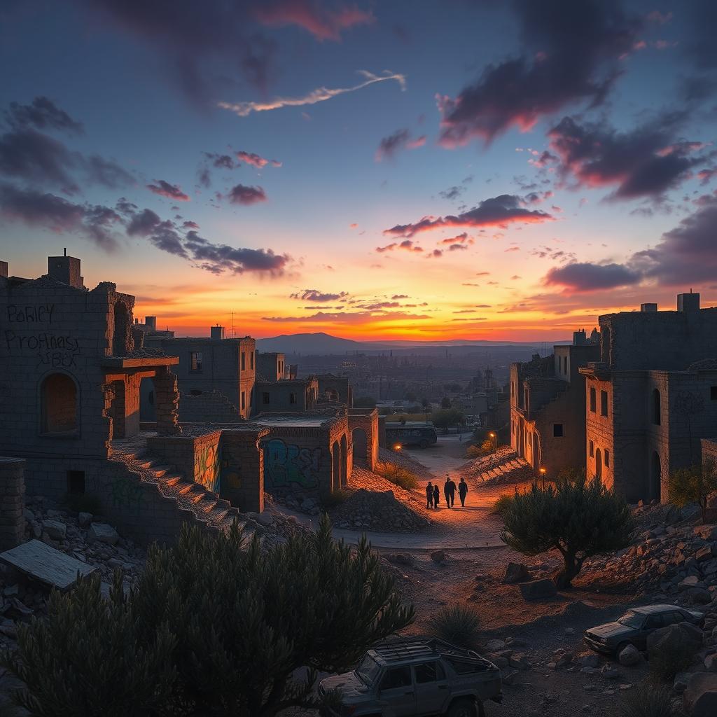 A haunting yet beautiful depiction of a Palestinian city, showcasing the echoes of war