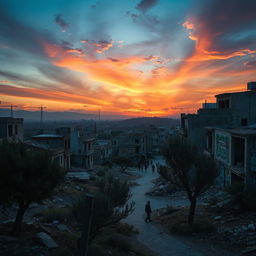 A haunting yet beautiful depiction of a Palestinian city, showcasing the echoes of war