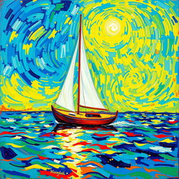 A vibrant scene featuring a sailboat gracefully floating on a shimmering body of water, depicted in the expressive and dynamic style of Vincent van Gogh