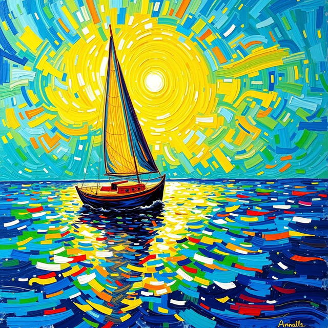 A vibrant scene featuring a sailboat gracefully floating on a shimmering body of water, depicted in the expressive and dynamic style of Vincent van Gogh